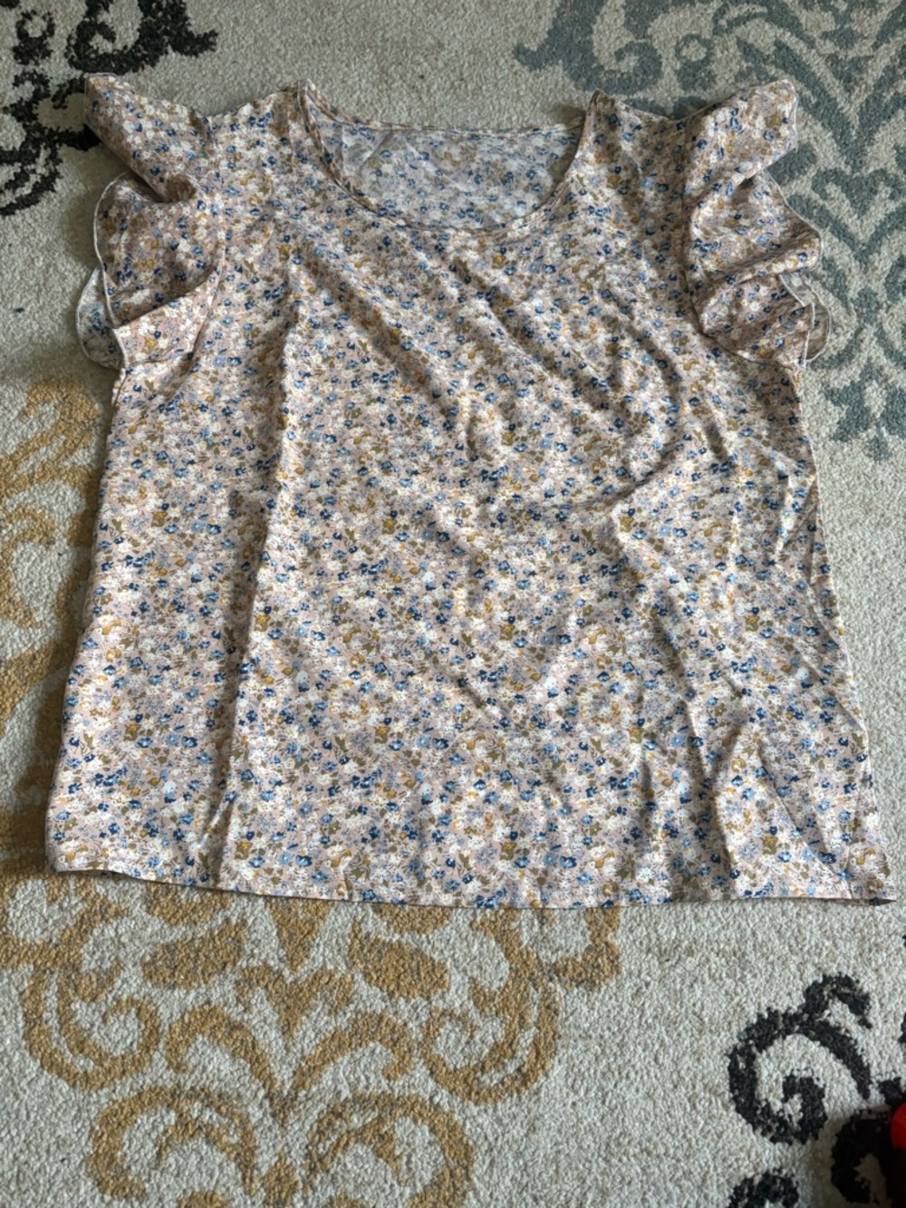 Floral Ruffle Sleeve Blouse in Cream with Blue Accent